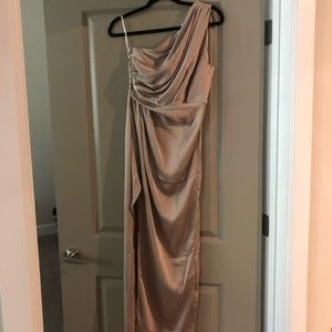 One shoulder, high slit dress